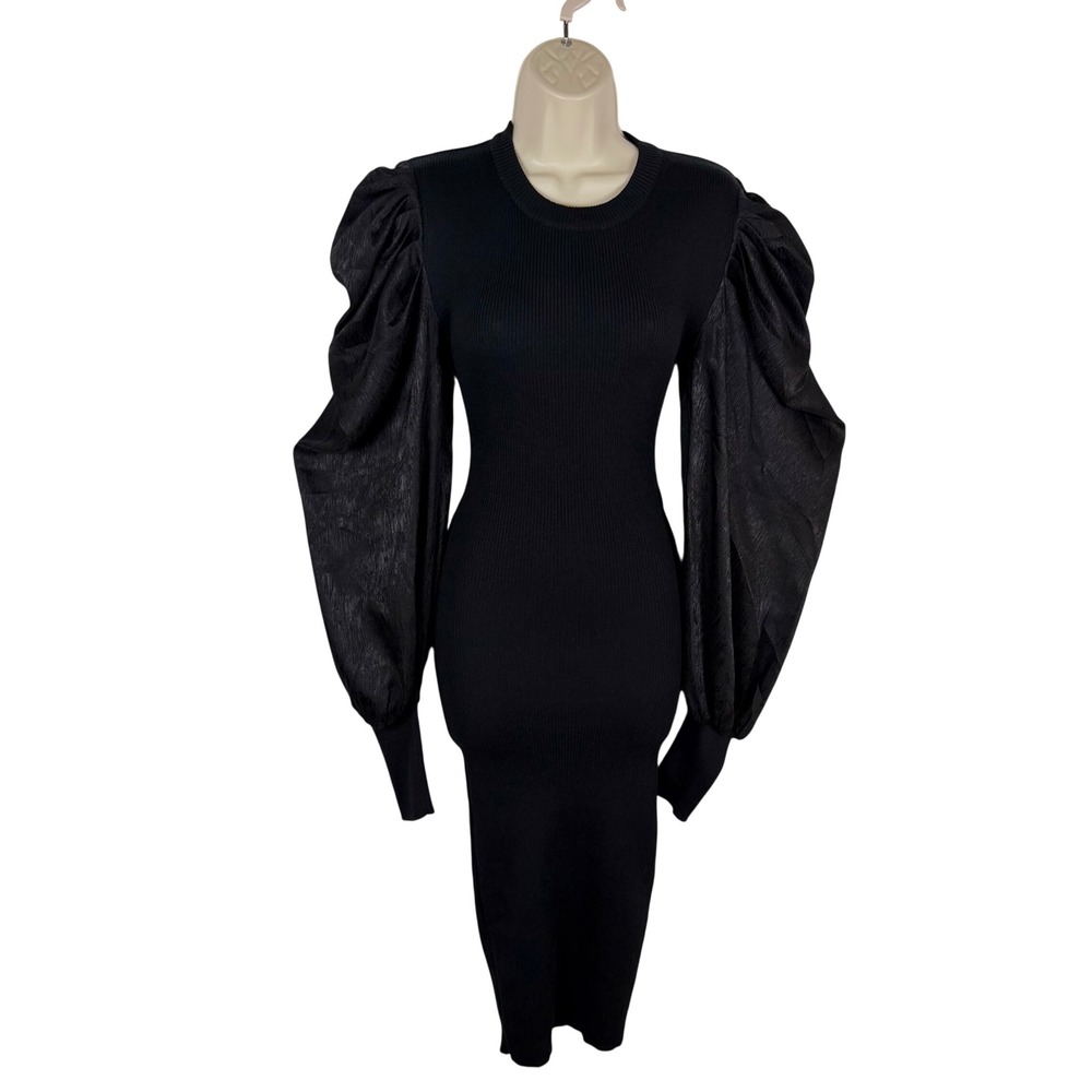 Flying Tomato Black Ribbed Knit Midi Dress Puff Satin Sleeve M Witchy Whimsigoth